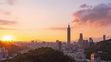 Taipei-cityscape,-day-to-night-fire-sunset,-Taiwan