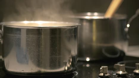 close up of two pans simmering on a cooktop with steam rising