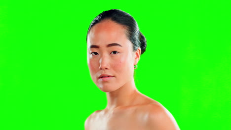 asian woman, face and skincare on green screen