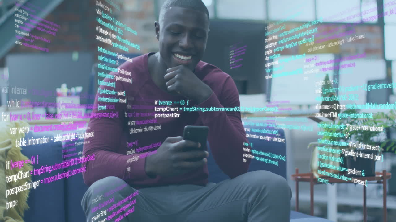 Animation of data processing over happy african american man using smartphone at casual office