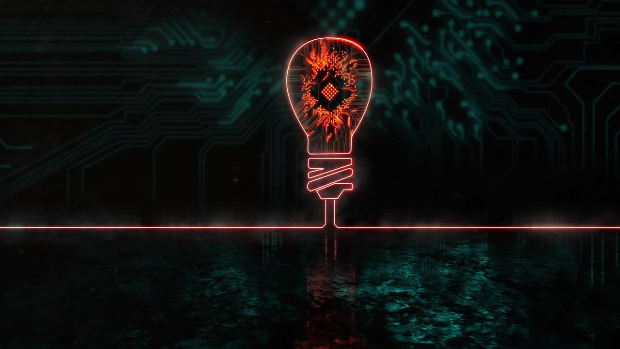 animación de una bombilla naranja brillante sobre el enchufe del procesador azul