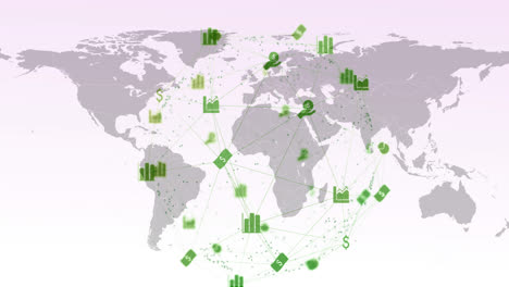 video compuesto digital de una red de conexiones con iconos que se mueven contra el mapa del mundo en el fondo