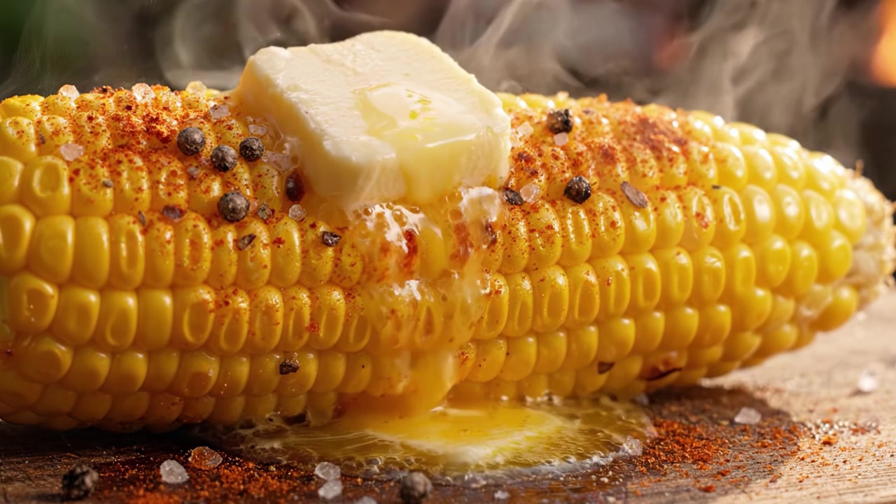 Délicieux épi de maïs chaud servi avec du beurre fondu et des épices, capturant les saveurs riches et les textures des favoris grillés de l'été