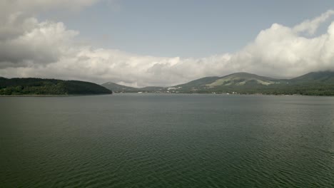 Drone-Aerial-over-Lake-Yamanaka-and-Mount-Fuji,-Japan,-Asia