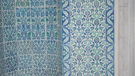 close-up of intricate blue and white ceramic tiles