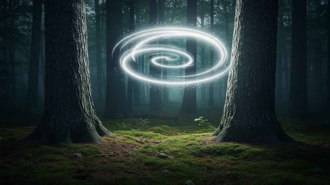 Mysterious Swirling Light Portal Between Ancient Trees in Enchanted Forest, Evoking a Sense of Wonder and Magic in the Heart of Nature