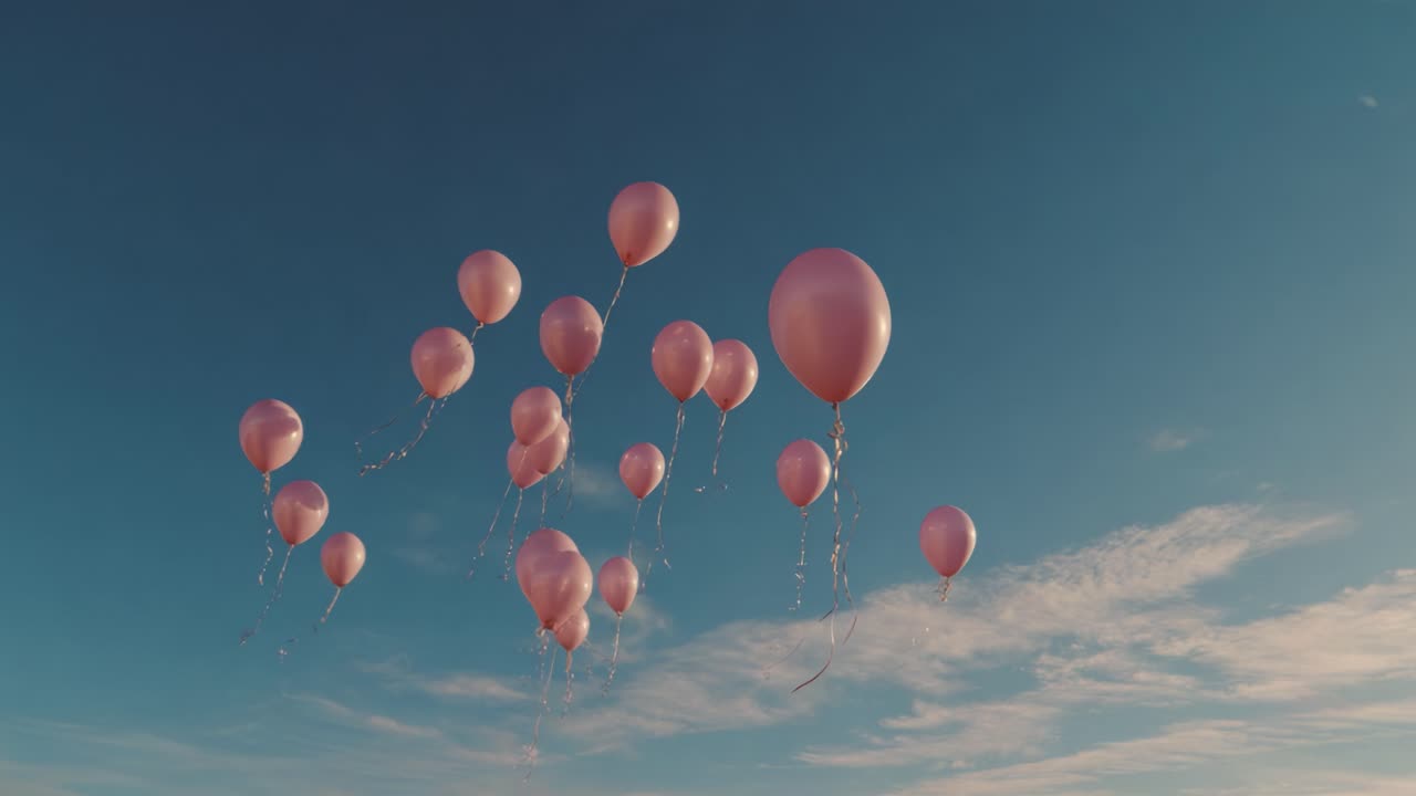 A Serene Scene of Floating Pink Balloons Against a Bright Blue Sky, Capturing the Essence of Freedom and Joy in a Beautiful Outdoor Setting