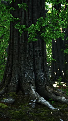 a tall tree with thick roots in a lush forest