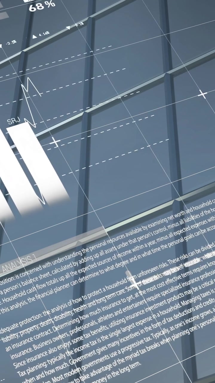 Animation of financial data processing over modern office building