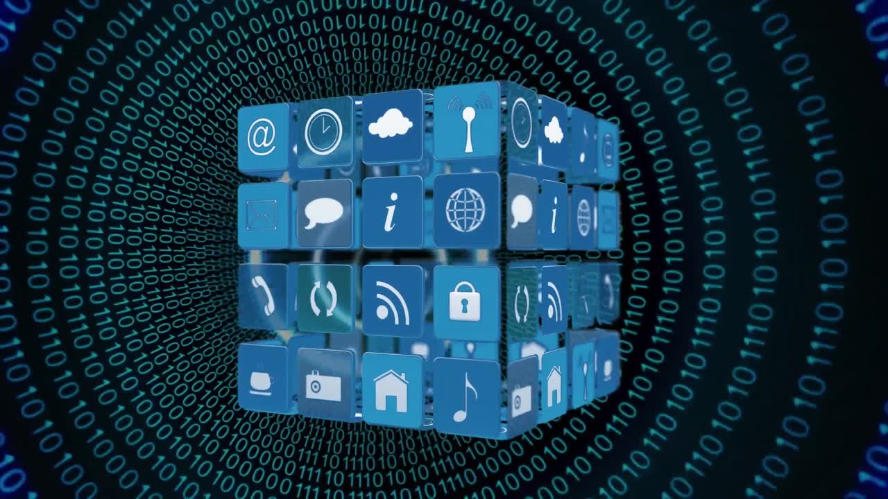cubo con iconos de internet para redes sociales y códigos binarios