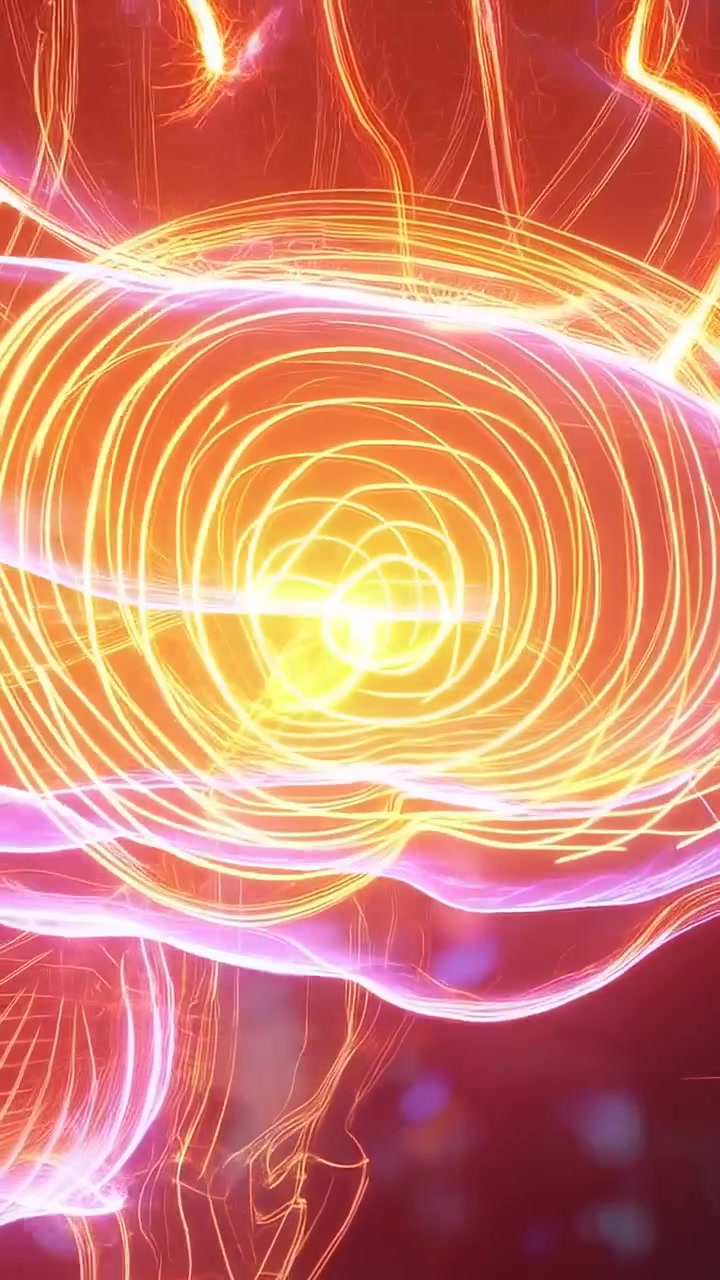 Video verticale: Forma neurale pulsante con spirali dopo un impulso in un vuoto al neon, che concentra energia sferica