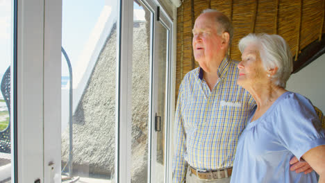 Seitenansicht-Eines-Kaukasischen-Seniorenpaares,-Das-Durch-Das-Fenster-Auf-Ein-Komfortables-Zuhause-Blickt,-4k