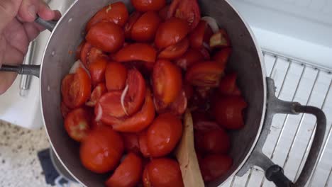 mezclando tomates y cebollas frescas en una vieja olla de aluminio para la preparación de salsa de tomate en casa