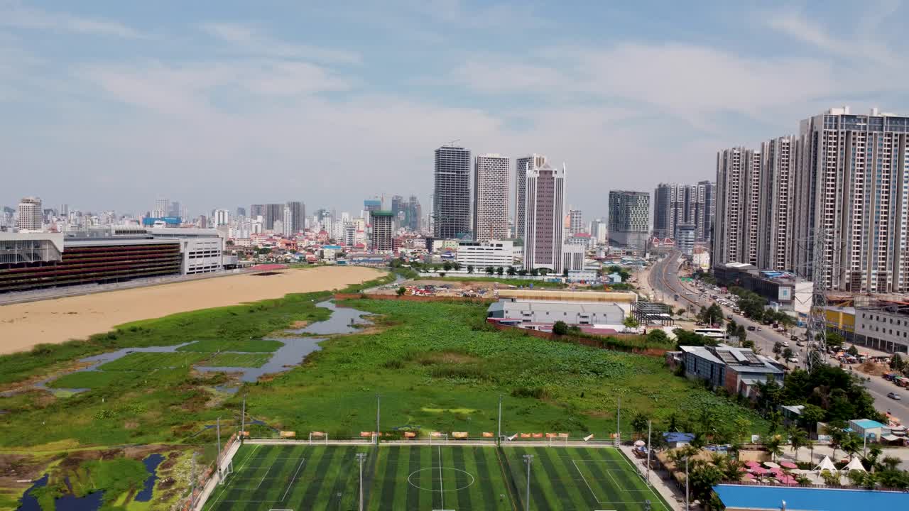 Developing Phnom Penh city Cambodia capital, aerial Southeast Asia country