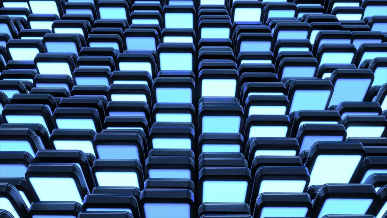 4r bucle fondo oscuro con bloques abstractos en el plano como dispositivos con iluminación de pantalla con luz de neón azul. bg para espectáculos festivos o eventos de vacaciones, conciertos, videos musicales, vj para clubes nocturnos.