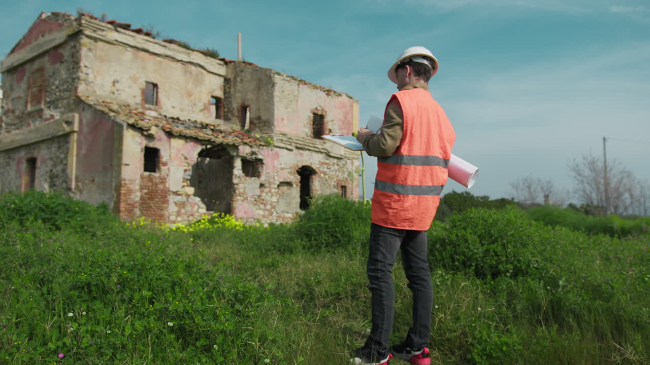Engineer On The Construction Site Looking At The Old Building And Taking Notes