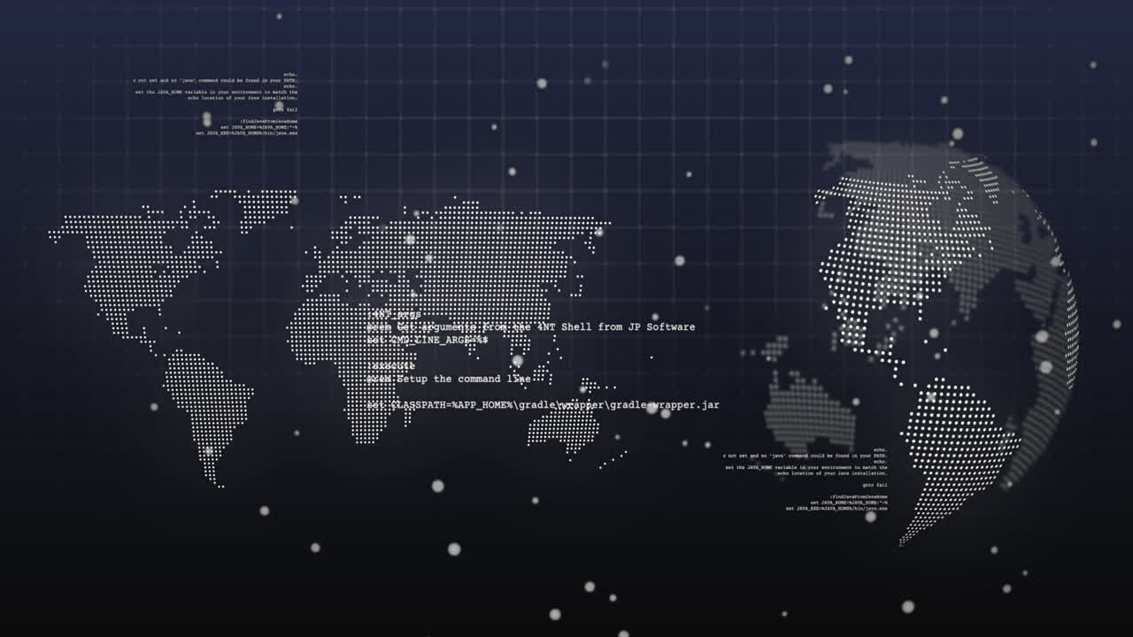 Animation of dots and data processing over world map and rotating globe on navy background
