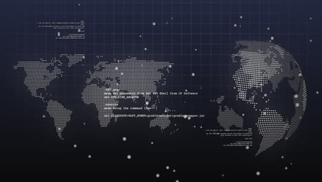 animation of dots and data processing over world map and rotating globe on navy background