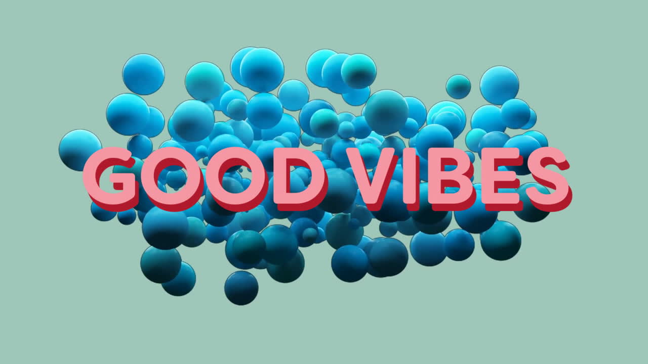 animación de texto de buenas vibraciones sobre esferas azules flotantes sobre fondo verde