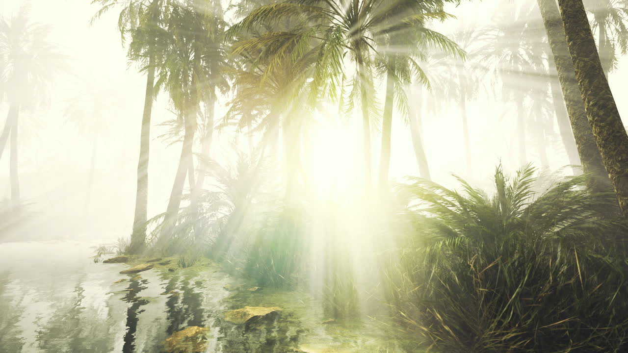 Misty forest by a tranquil waterway showing sun rays filtering through foliage