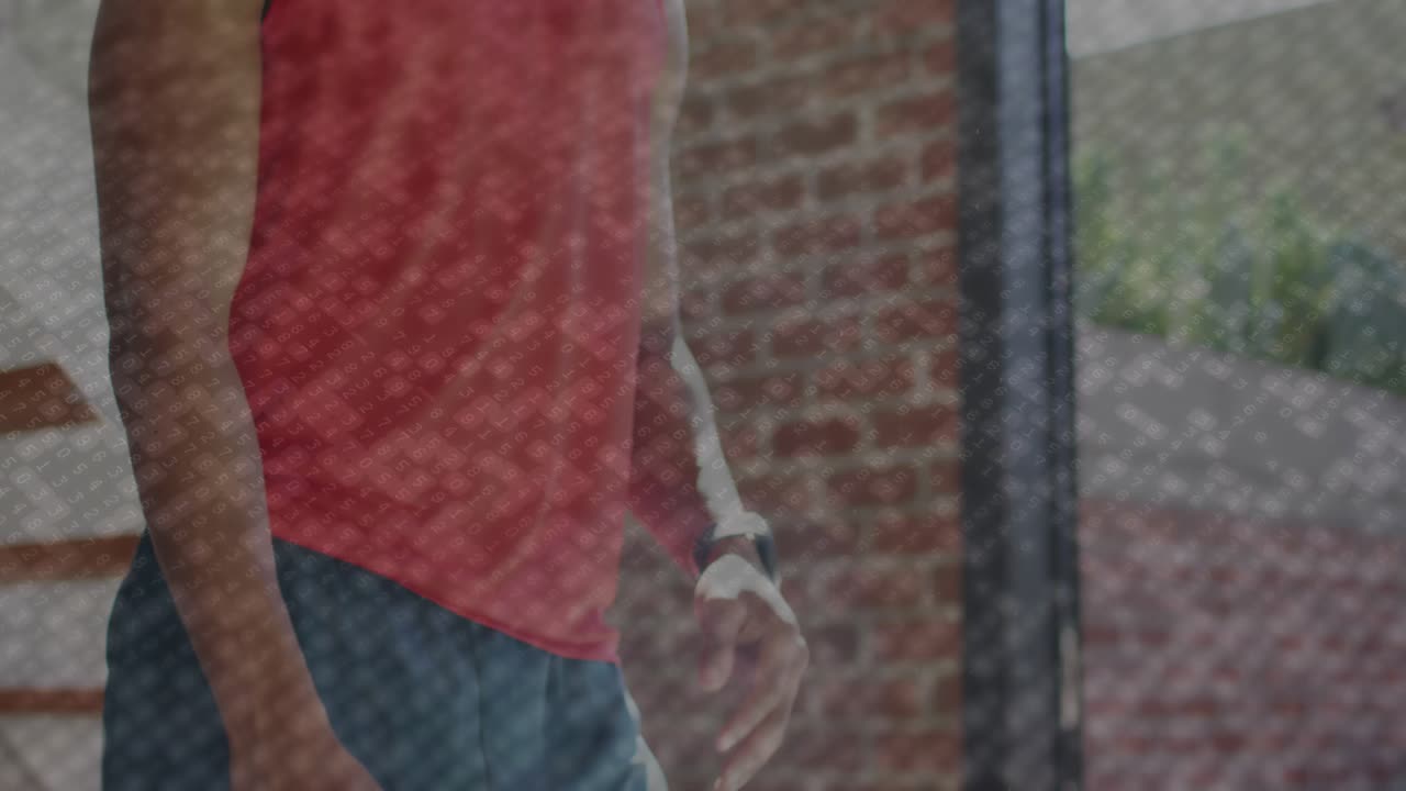 Fitness enthusiast raising right knee beside brick wall, pulling shin to chest with mesh effect