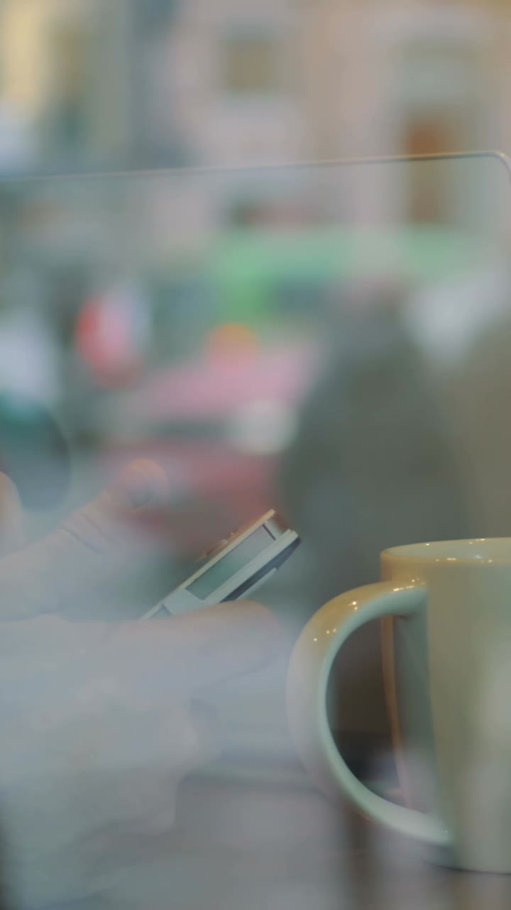 Images of a person using a cell phone while having coffee