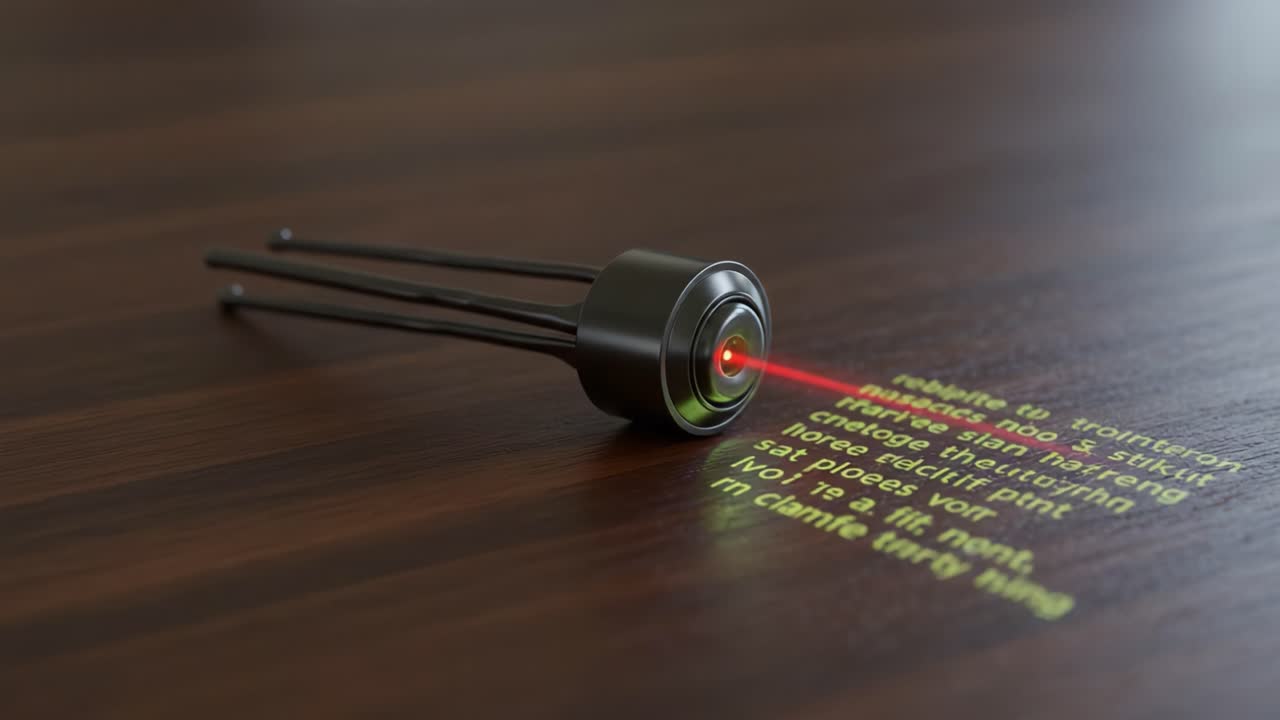 Detailed Analysis of Advanced Optics: A Focused Laser Emitting Device on a Polished Surface Displaying Various Illuminated Textual Information