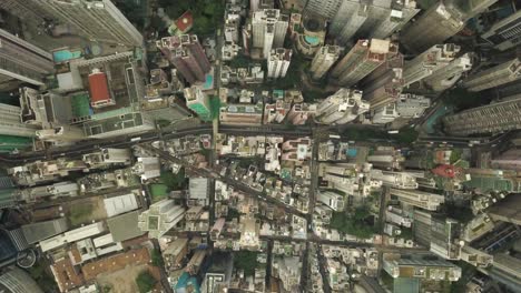 Static-aerial-top-view-of-Hong-Kong-city-with-traffic-flowing-through