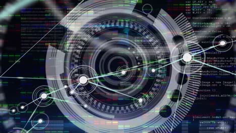 animation of safe lock rotating, over network of connections and data processing on black