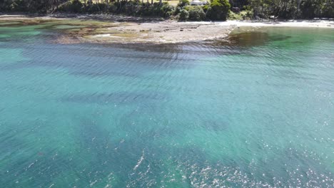 Drone-aerial-pan-up-over-blue-water-to-show-houses-in-nature-with-trees