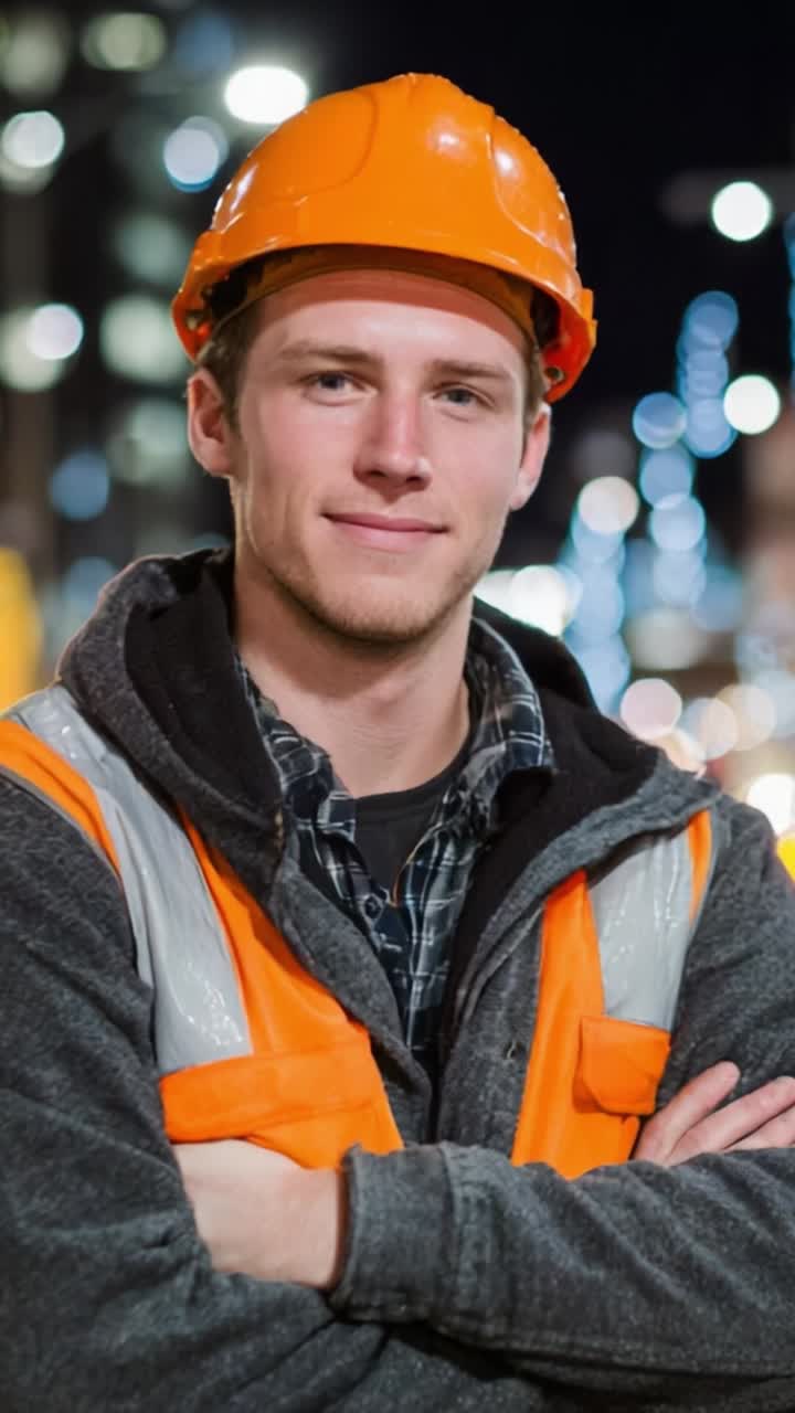 Giovane operaio edile sicuro di sé con dispositivi di sicurezza che sorride di notte, mostrando professionalità e preparazione al lavoro in un vivace ambiente urbano