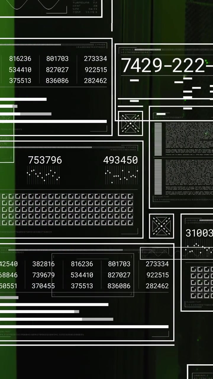 Animation of hud screens with numbers, graphs and shapes over data server racks