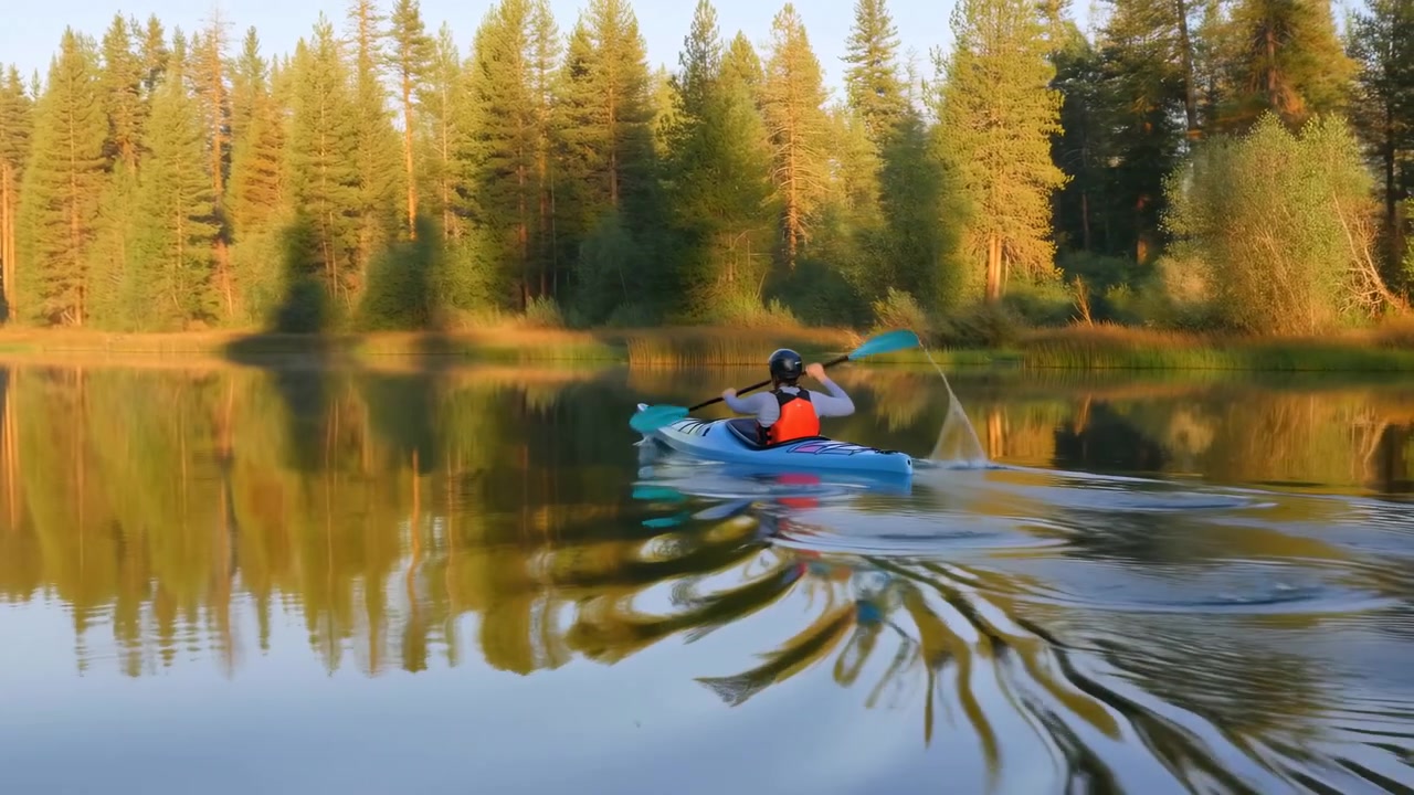 Takakuva yksinäisestä melojasta mustassa kypärässä ja oranssissa pelastusliivissä melomassa sinisellä kanootilla tyynen metsäjärven poikki kultaisella tunnilla, kulmikkaalla kaksoismelavedolla, peilikirkkaalla vedellä ja pehmeällä rantaviivan hehkulla.