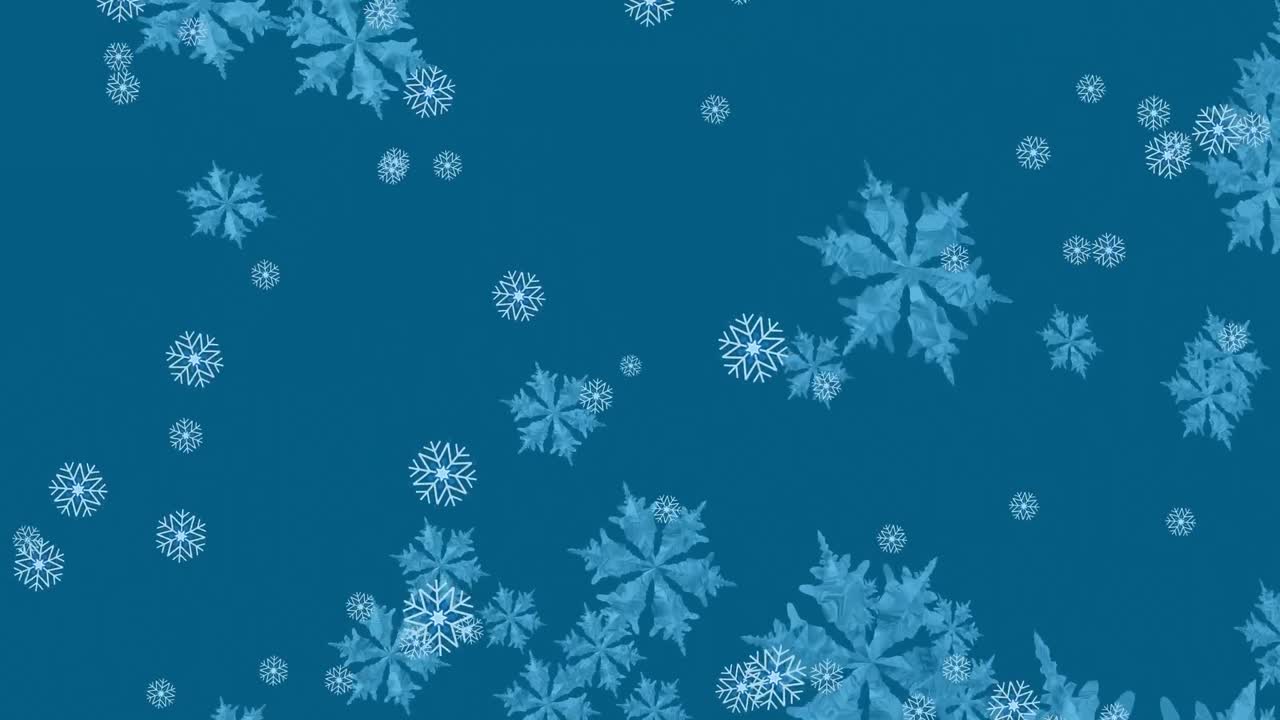 Digital animation of multiple snowflakes falling against blue background