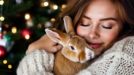 una mujer sosteniendo un conejo frente a un árbol de navidad