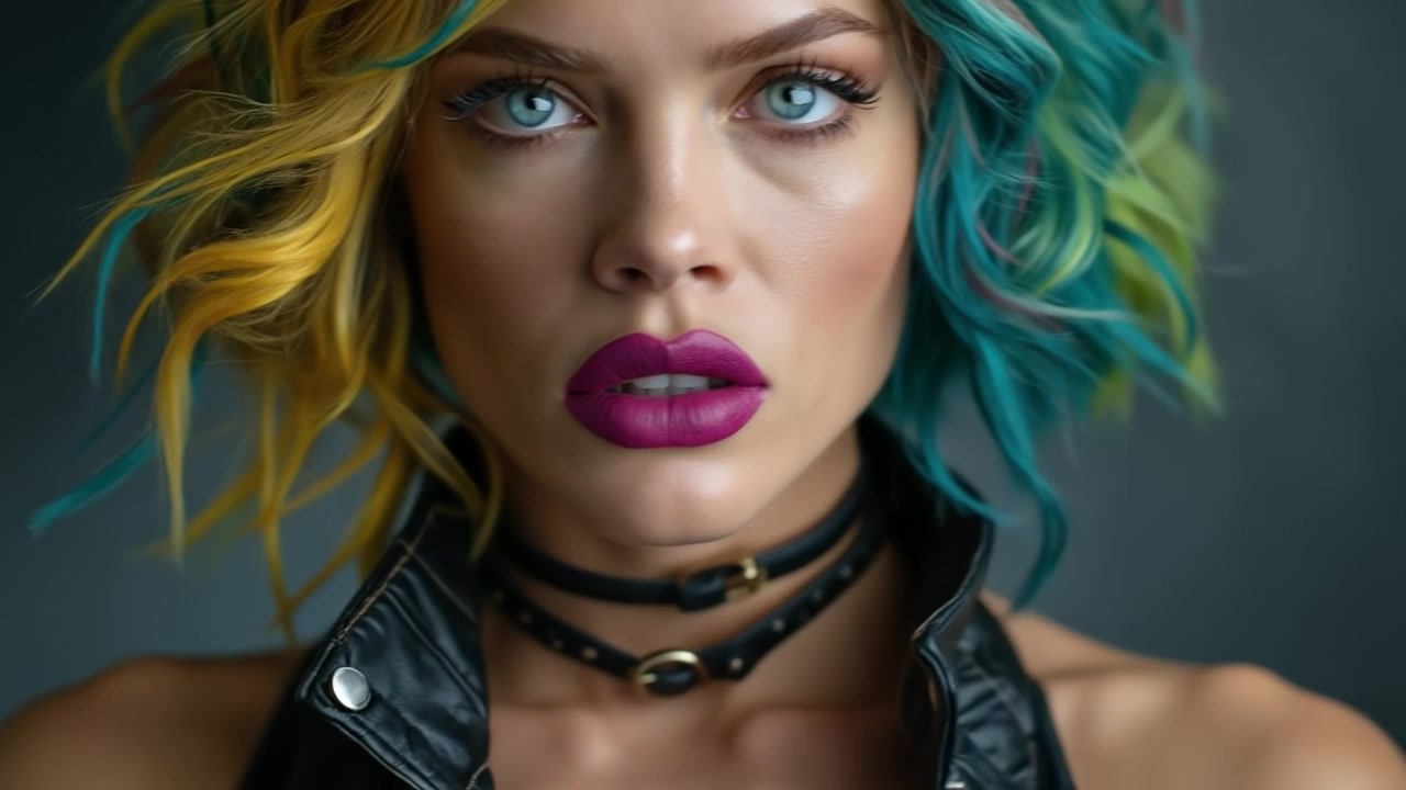 Ritratto ravvicinato di una giovane donna con capelli bicolore gialli e blu e rossetto viola.