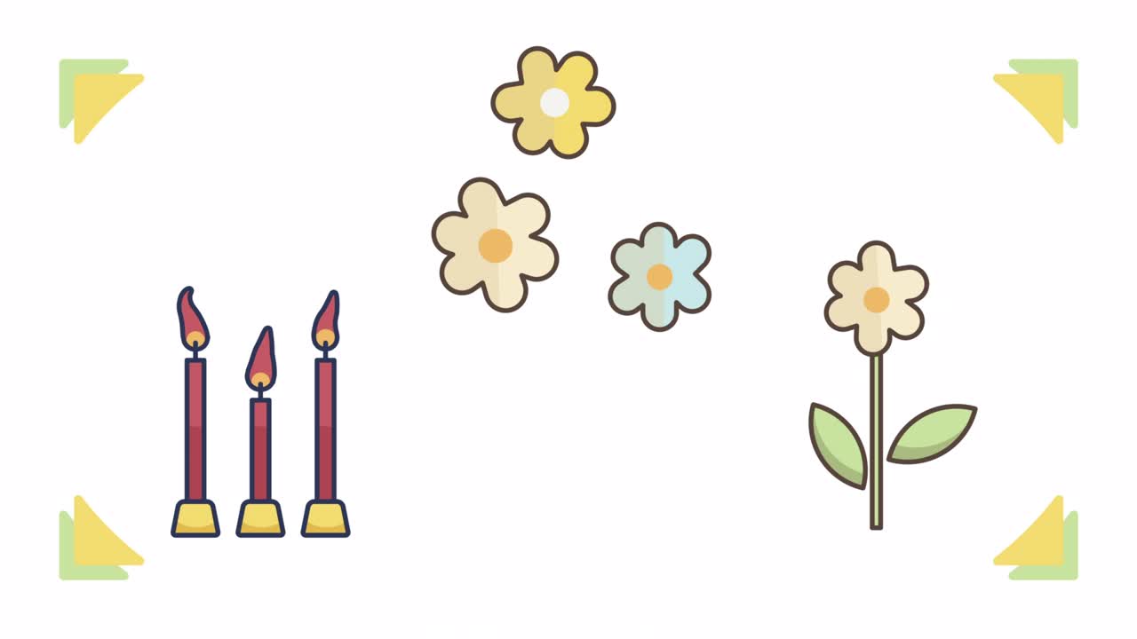video en 4k de velas de dibujos animados y flores sobre un fondo blanco.