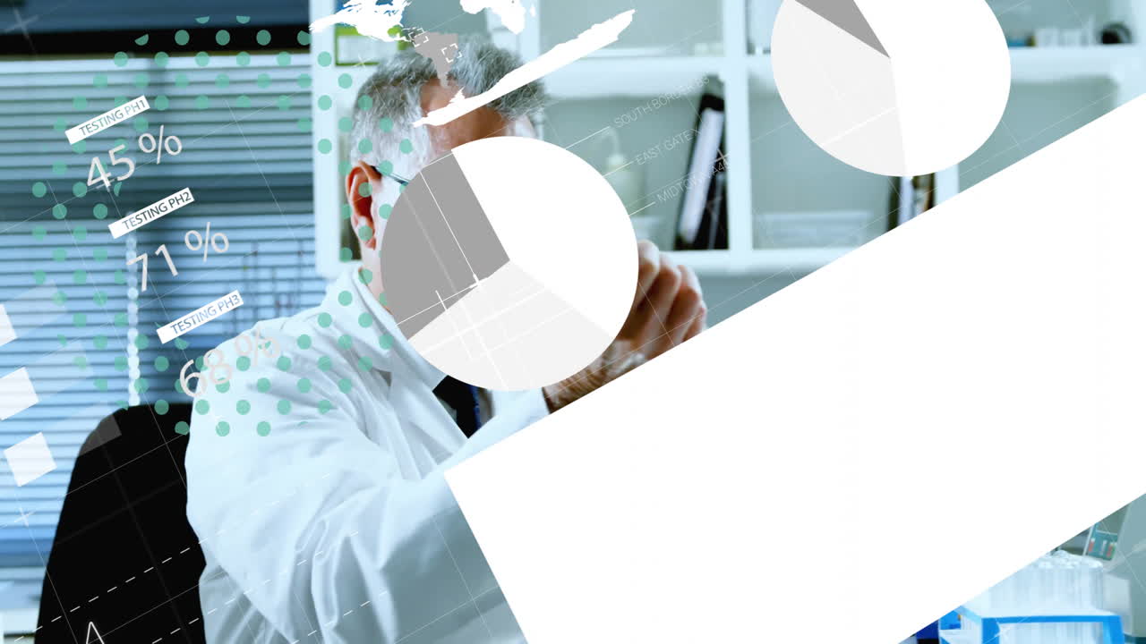 In laboratory, scientist analyzing abstract data with animation graphics overlay