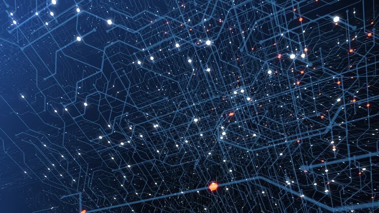 4K seamless loop of print circuit technology cyber and futuristic concept. Circuit Board with moving electrons. CPU processing Data. Futuristic HUD technology Screen Data animation.