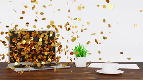 moneda de oro volando fuera de la pantalla del portátil, concepto de éxito en el mercado en línea. rendering 3d. 4k.