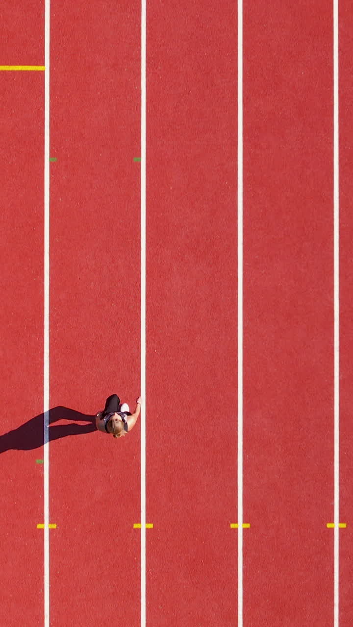 Vertical birds eye view of a female athlete sprinting on a red running track. Perfect for fitness, sports motivation, and athletic training content