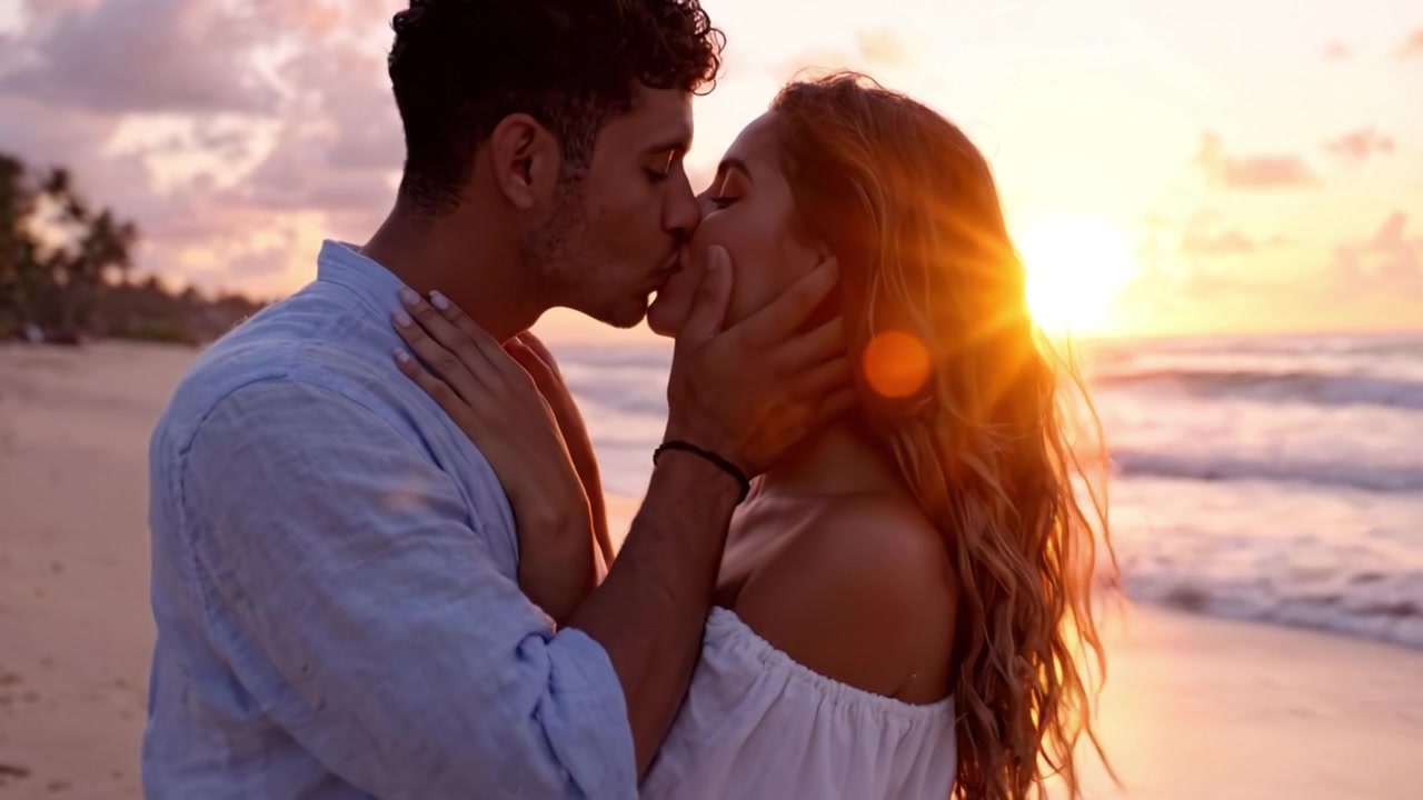 A Romantic Sunset Embrace: Capturing Love Between Two People on a Serene Beach as the Waves Gently Laps Against the Shore, Highlighting Intimacy and Connection in Nature