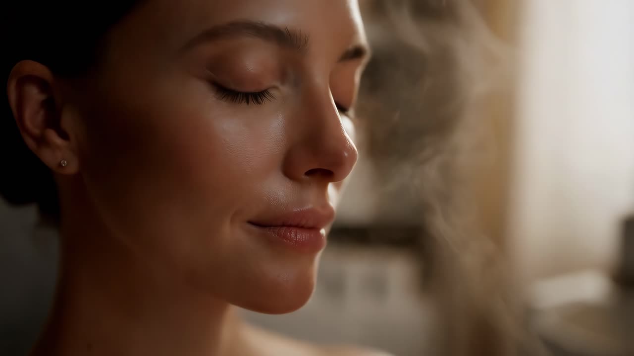 primer plano de la cara de una mujer, ojos cerrados, en una postura pacífica