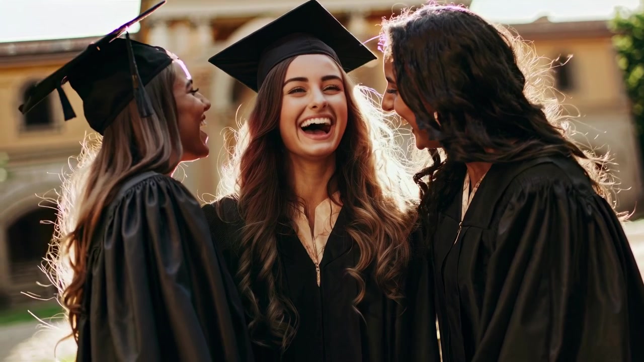 Three Happy Young Women Graduates Laughing on Campus