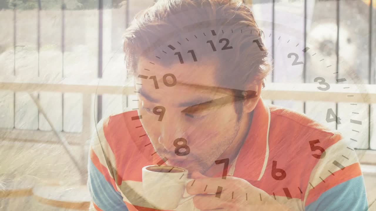 Cafe ad showing man rotating torso following clock overlay and lifting espresso cup for reflection