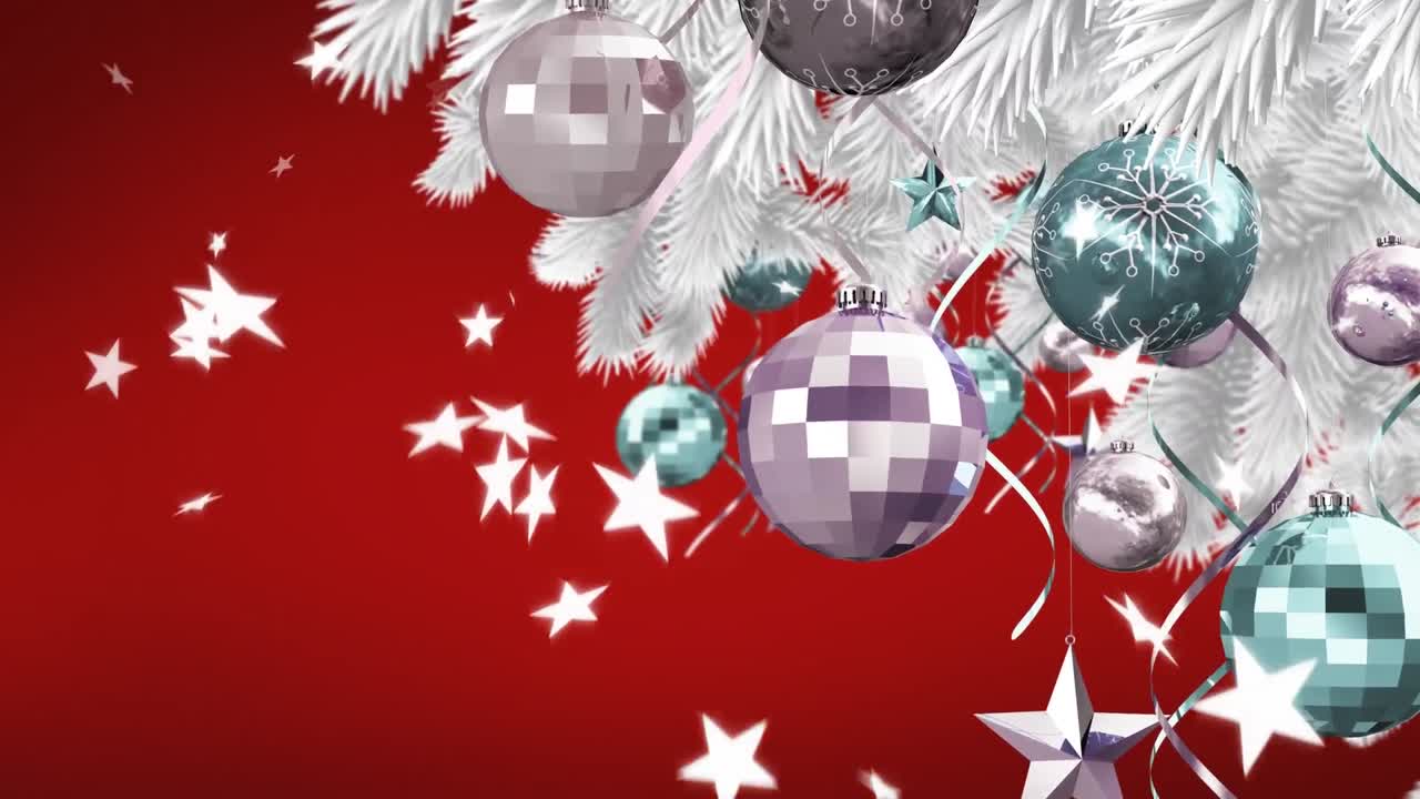 animación de estrellas cayendo sobre abetos con decoraciones en el paisaje de invierno