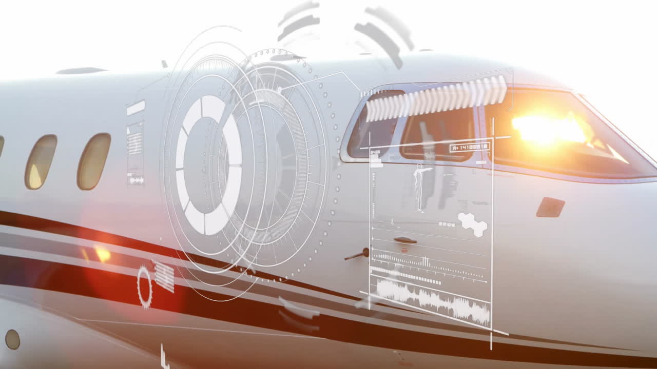 Futuristic digital interface animation over private jet exterior in sunlight