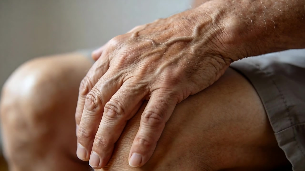 Mettendo la mano, anziano che muove le dita e preme il ginocchio a casa, sistemandosi, mostrando pantaloncini e vene.
