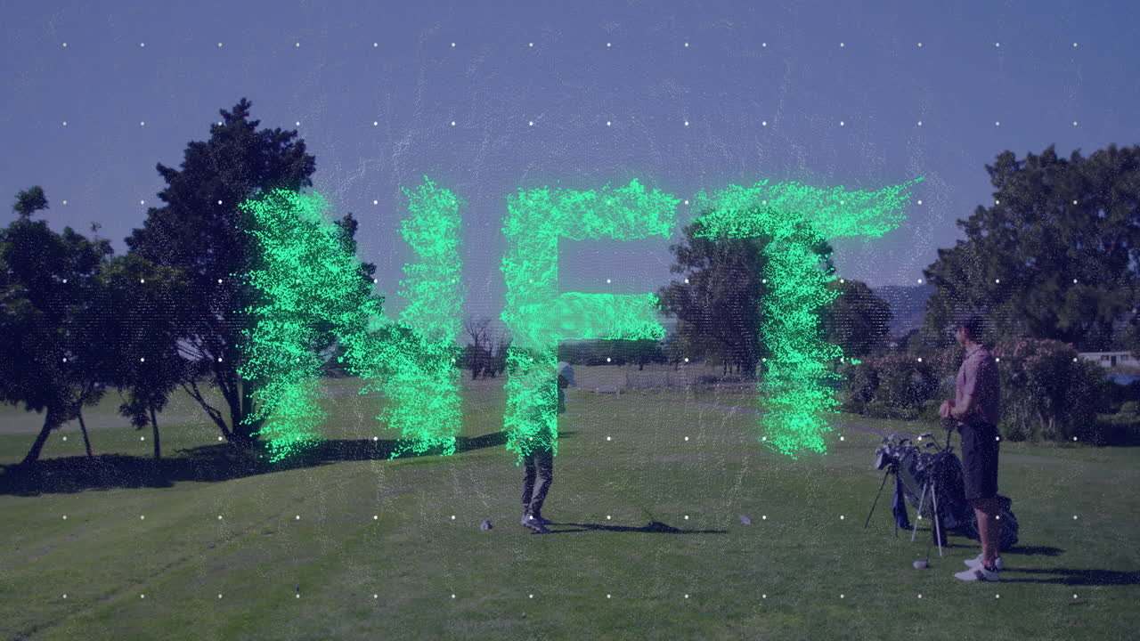 Golf partners swinging clubs on fairway, showcasing NFT particle animation for technology marketing
