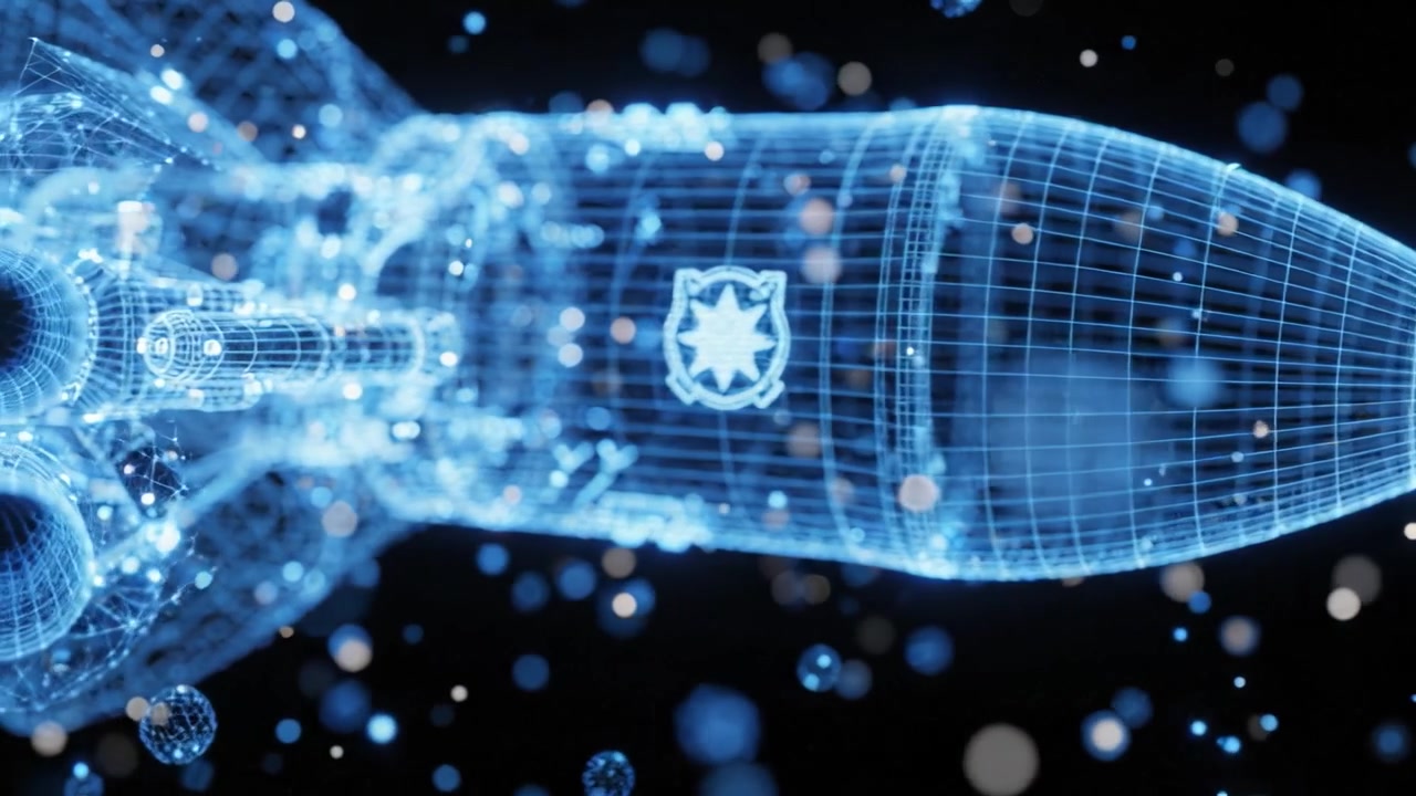 3D Visualization of a Rocket with Digital Wireframe and Particle Effects, Showcasing Technological Advancement and Futuristic Aerodynamics in Motion.